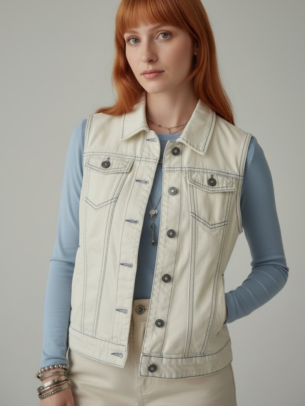 Only Off-White Sleeveless Denim Vest with Contrast Stitching And Distressing